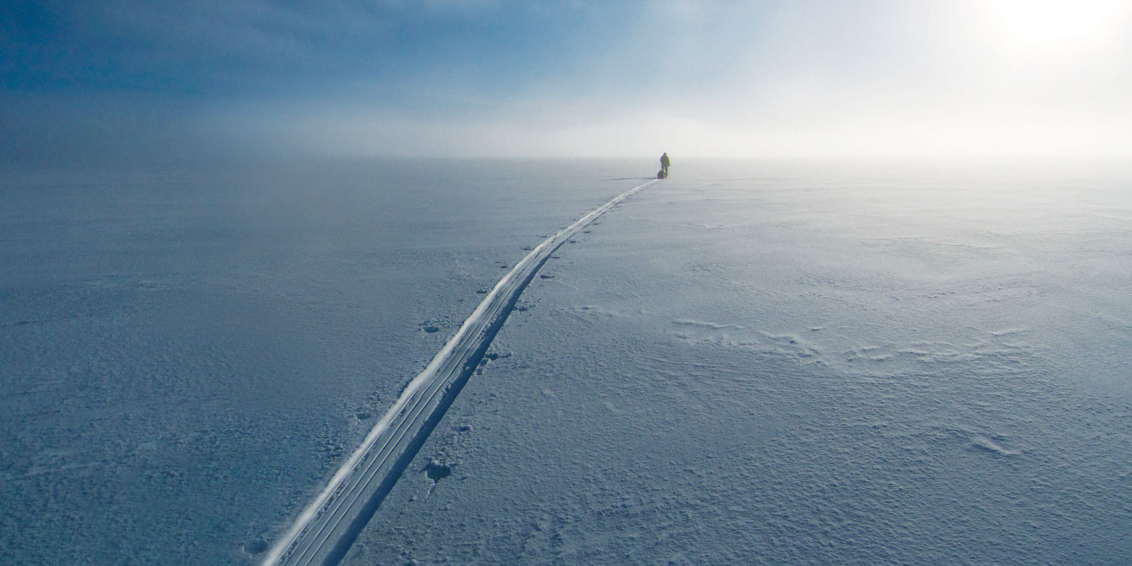 Long-distance shot of Erling Kagge crossing Vatnajökull — Iceland’s largest glacier — on foot, 2010.