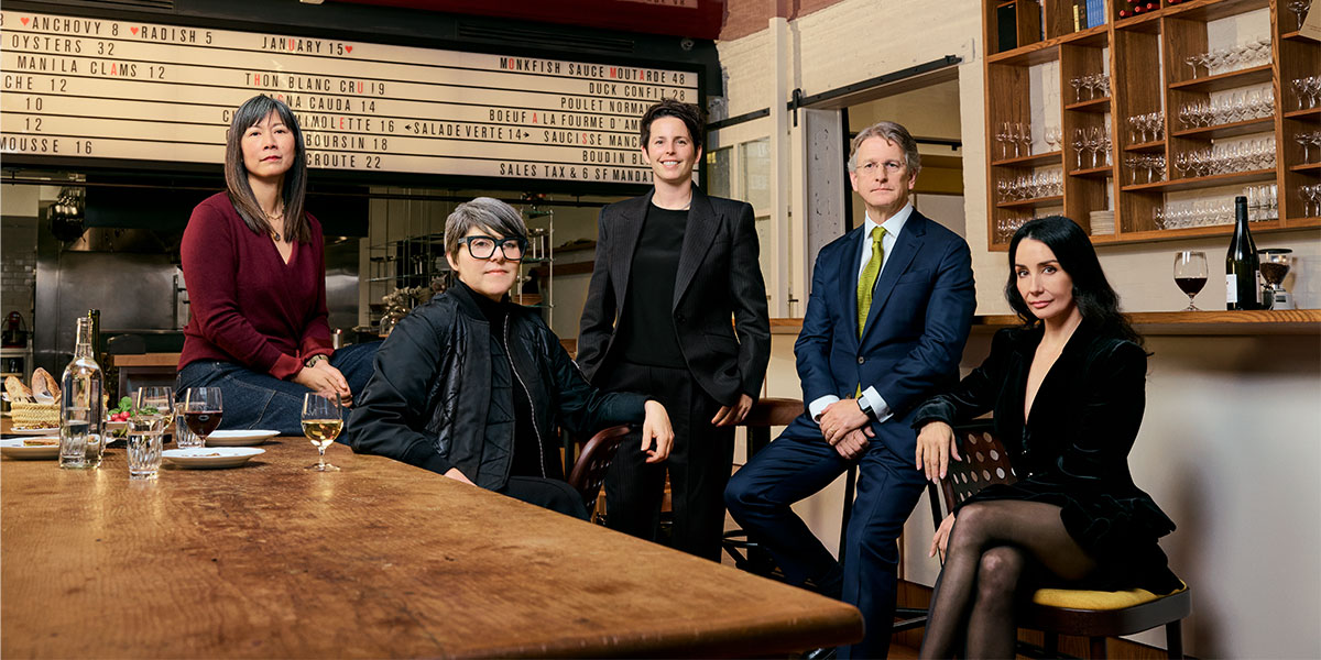 San Francisco’s new cultural vanguard: SFFILM’s Anne Lai, ICA SF’s Ali Gass, gallerist Jessica Silverman, Thomas Campbell of the Fine Arts Museums, and Tamara Rojo of the San Francisco Ballet. Photo: Cody Pickens